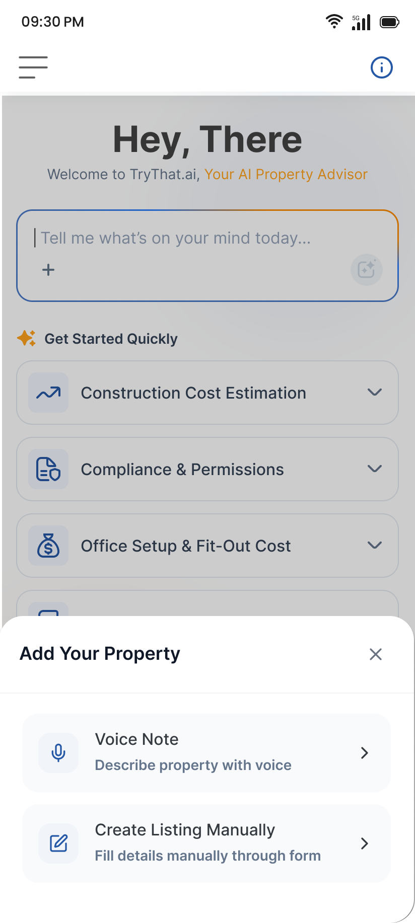 Bottom sheet offers Voice Note or Manual. Voice is the primary, frictionless path