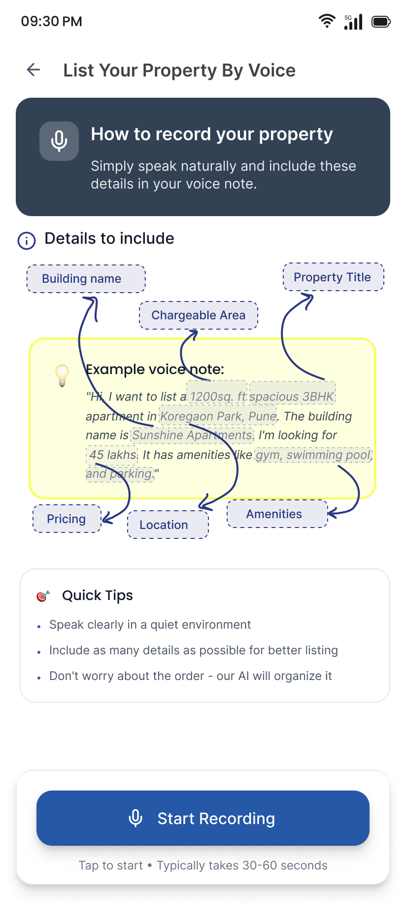 Example voice note and field tags show users exactly what to say