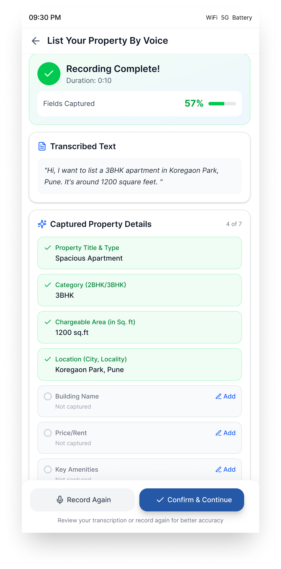 57% fields captured. Missing fields highlighted, option to record again or fill manually