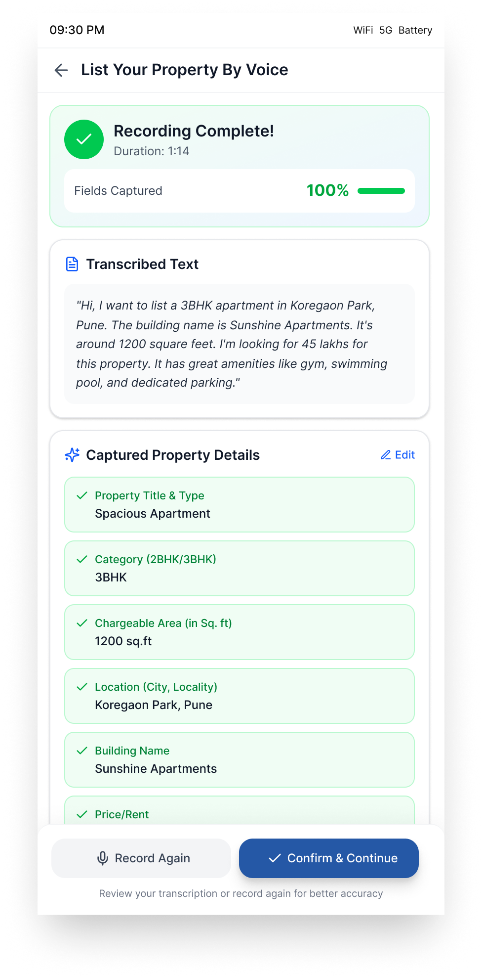 100% fields captured from voice. All property details extracted, ready to confirm