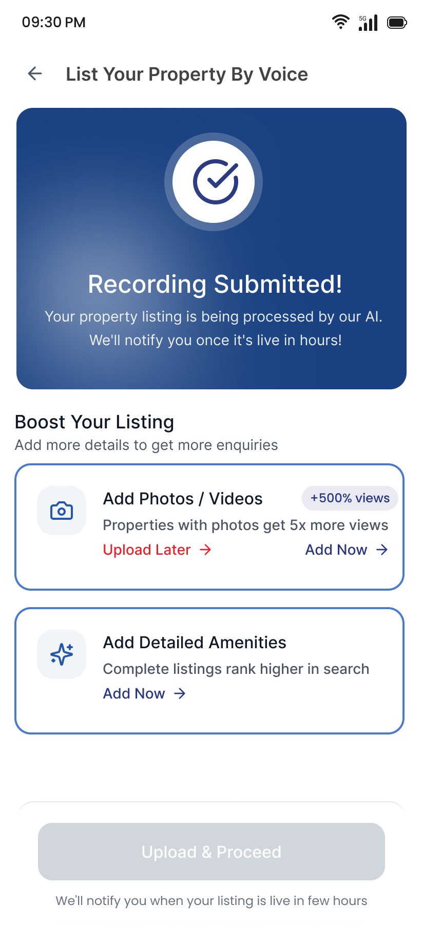 Success state with smart upsells: add photos for 5x more views, add amenities to rank higher